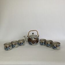 Vintage Japanese Style Teapot Bamboo Handle and 6 Sake Cup Set Floral Stoneware picture
