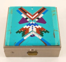 Turquoise Inlay Zuni American Indian Design Pill Box Metal Southwest Art picture