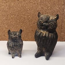Rare Antique Cast Iron Owls Set of 2 Japan picture
