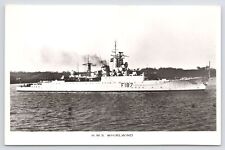 RPPC~HMS~Whirlwind~F187~Battleship~On The Water~B&W~Long Boat~Steam~Vintage PC picture