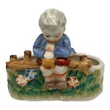 Vintage Ceramic Planter Hummel Like Boy Figurine Sitting on Fence Playing Horn picture