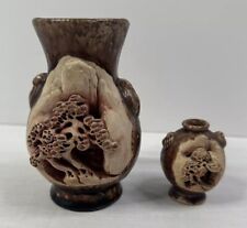 2-Vtg Japanese Banko Ware Hand Carved Pottery Miniature Bonsai village vase COOL picture