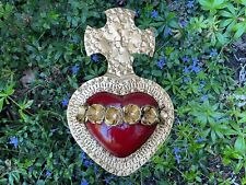 Stunning Sacred Heart with Roses, Gold Leaf Red Accents, Mexican Tin Art picture