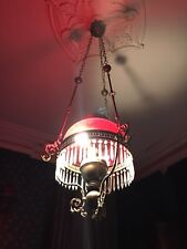 Antique Victorian Ruby Red Cranberry Hanging Lamp With 3 Chains & Ceiling Canopy picture
