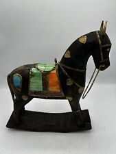Vintage Wooden Rocking Horse with Brass, Copper, Stone Inlay picture