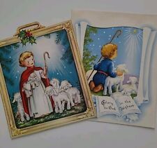 2 Vtg 1950s CHRISTMAS Shepherd w Little LAMBS & Sheep Greeting CARDS picture