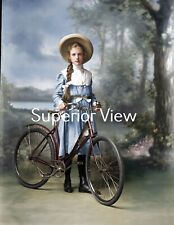 Vintage Bicycle Color Tinted Photo Young Girl Straw Hat Braids YOU MUST SEE picture
