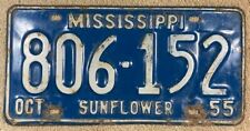 1955 Mississippi License Plate Sunflower County 806-152 Indianola Vintage YOM picture