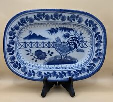 Vintage Chinese Cobalt Blue & White Porcelain Small Platter Rooster picture