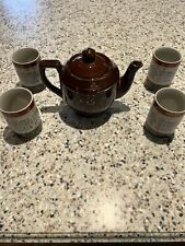 Vintage Redware Hand Painted Tea Pot Japan And Set Of 4 Glasses. Beautiful picture