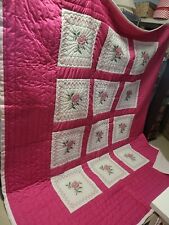 Gorgeous Vintage Quilt Hand Made Cross Stitch Embroidered Rose 92x104 picture