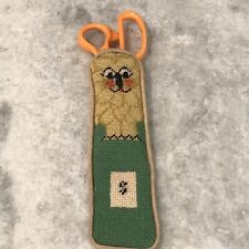 Vintage Needlepoint Scissor Case Holder Cross Stich Dog Face Handmade 80s picture