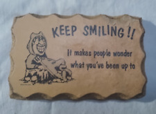 Paulas Wooden Postcard Motto Keep Smiling It Makes People Wonder 5.5 in Rare VTG picture