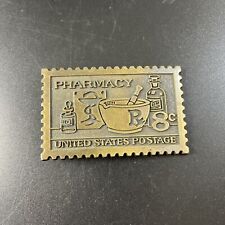 Vtg Brass Belt Buckle Vintage Pharmacy 8 Cent Postage Stamp Mortar Pestle Rx 3