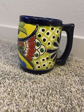 Talavera Coffee Mug Mexican Pottery Signed Vibrant Colors Cobalt Rim picture