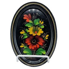 Russian Black Laquer Floral Tray Oval Metal Tole Red Yellow Gold Handpainted picture