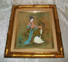 Signed Vintage Gold Bamboo Framed Asian Oriental Geisha Lady Casein Art Painting picture