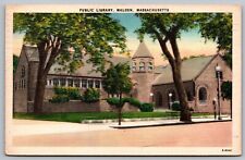 Public Library Malden Massachusetts Mass MA Street View Linen Cancel PM Postcard picture