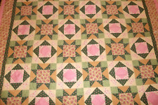 Handmade Star Queen Quilt Antique Style Reproduction Fabric Hand Quilted Vintage picture