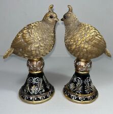 Pair Of Gold Quails On Black Embossed Pedestals Tabletop Decor Accent picture