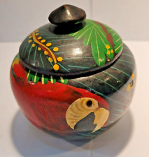 Parrot Trinket Tropical Bowl Jar Hand Painted Wood Lacquer Bowl with Lid picture