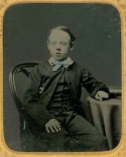 c1870 original ambrotype photograph smart boy in suit blue bow tie sixth plate picture