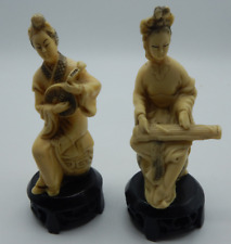 Vintage 2 Chinese Women Hard Resin Figurines with Music Instruments Signed 6.5