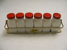Vintage Griffiths Metal Spice Rack w/Wall Holder 6 Milk Glass Bottles w/Red Lids picture