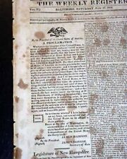 WAR OF 1812 United States President James Madison PROCLAMATION in Old Newspaper picture
