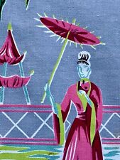 1930's Art Deco Miami Beach Oriental Asian Geisha Girl Barkcloth Vintage Fabric picture