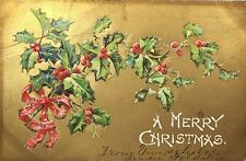 1906 Christmas Greetings Postcard ~ Embossed, Goldtone, Glitter ~ #-4843 picture