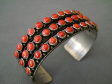 HEAVY Native American Navajo Red-Orange Coral Row Stampwork Cuff Bracelet 184g picture