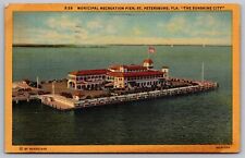 Florida Saint Petersburg Municipal Recreation Pier American Flag Linen Postcard picture