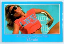 Lifeguard Florida Tourism Sexy Pink Bikini Blonde NEVER FORGET Postcard c1990 picture