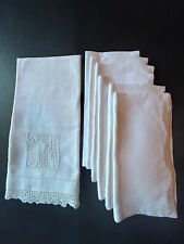 Set Of 6 VTG White Linen Napkins Geometric Open Weave Border 17” & VTGHand Towel picture