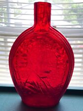 Vintage Abe Lincoln & Cabin Embossed Red Glass Flask Decanter Inaugural Address picture