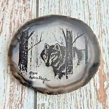 Vintage Andrea Meyer Signed Silkscreened Wolf on Sliced Agate Geode 1989 3.5 inc picture
