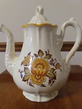 Metlox Poppytrail Lg Teapot  With Lid Sculptured White Mustard Brown Floral Vtg picture