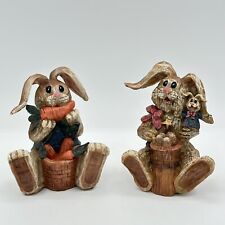 2 Faux Wood Resin Easter Bunny Rabbit Figurines Cottagecore Eating Carrots Eggs picture