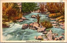 Kennett Missouri Greetings Blue Stream Fisherman Hat Boots Teich Linen Postcard picture