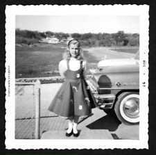 1957 Young Lady Displays Holiday Skirt; 1950s Autos: Vintage SNAPSHOT Photo picture