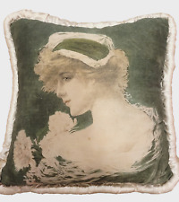 Antique Victorian  Lady Chromo Lithograph Pillow Sham  Green circa 1905  22X22 picture