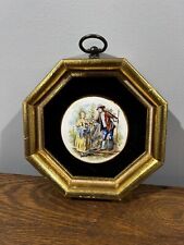 Vintage Hexagon Wood frame With A Porcelain Disk Plaque.Frame Is 6”.plaque Is 3” picture