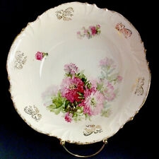 ANTIQUE BOWL SCALLOPED RED FLOWERS GOLD ACCENT 10 3/8