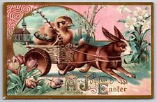 Easter Fantasy~Rabbit Pulls Cart~Chick w/Pussy Willow Whip~Gold~Embossed~1912 picture