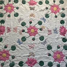 Vintage Butterfly & Rose of Sharon Appliqué Quilt Feed Sack Hand Sewn 69” X 78” picture