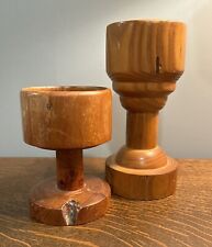 MCM Mid Century Hand Turned  Wooden Candle Holder Pair Vintage picture