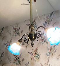 ANTIQUE TWO-ARM HANGIING LIGHT / LAMP / CHANDELIER W/ BLUE CHERUB SHADES picture