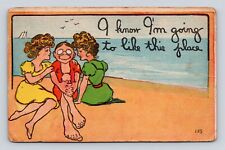Vintage Postcard Man on Bach w/2 Women  Sail Boat Birds 1910 Antique Old picture