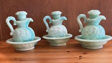 Avon Green Glass Miniature Pitcher Stopper And Basin Vintage Set Of 3 picture